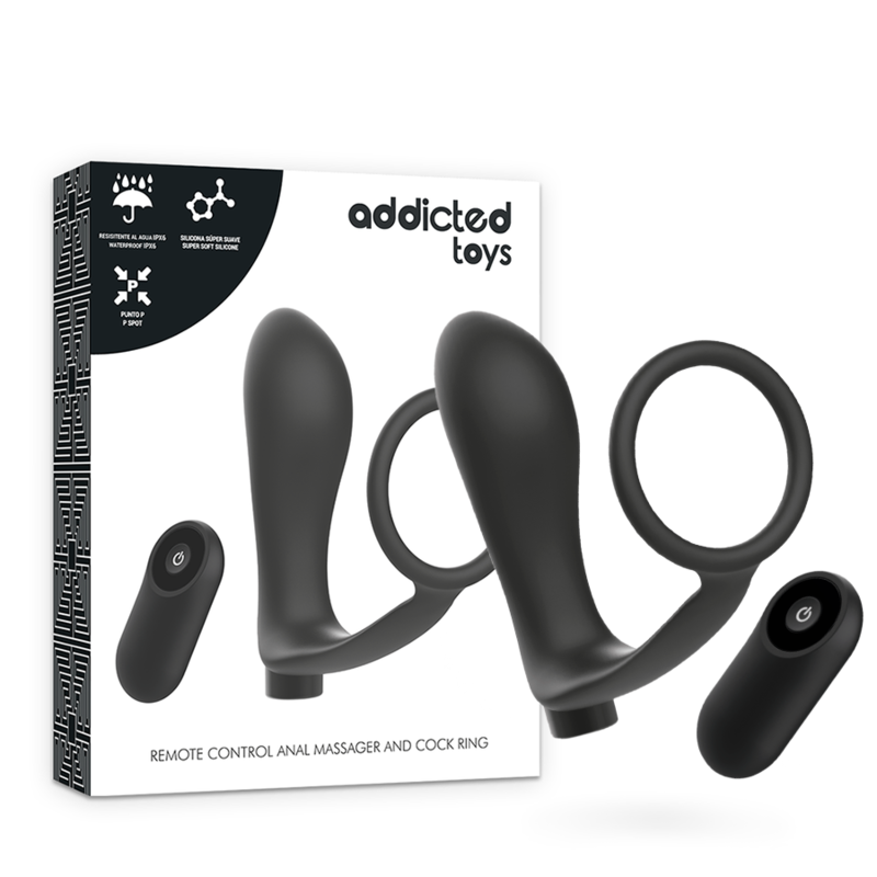 ADDICTED TOYS - ANEL DE PÉNIS COM CONTROLE REMOTO PLUG ANAL PRETO RECARREGÁVEL