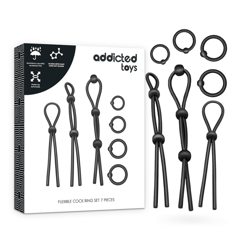 ADDICTED TOYS - CONJUNTO DE ANÉIS PÊNICOS DE SILICONE FLEXÍVEL COM 7 PEÇAS