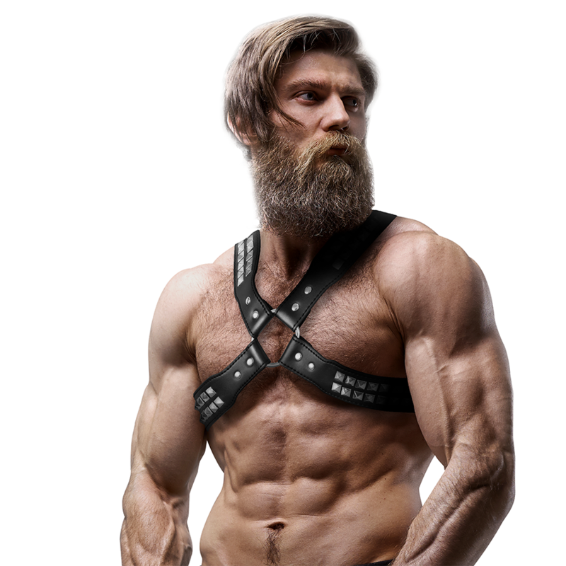 ATITUDE FETICHE SUBMISSIVA - ARREIO DE COURO ECOLÓGICO MASCULINO COM REBITES E COSTAS CRUZADAS