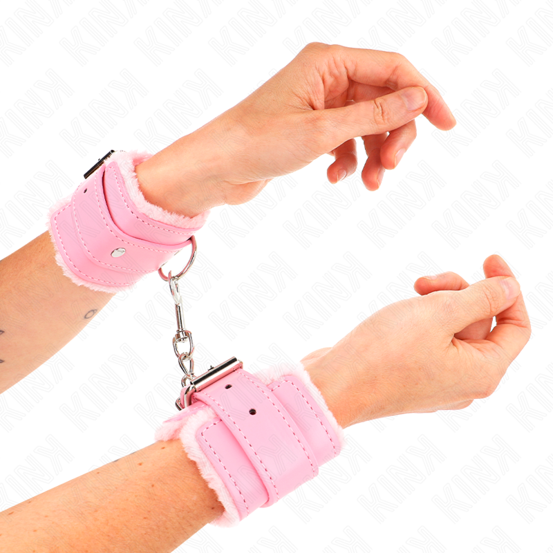 KINK - PINK FUR LINED WRIST RESTS WITH ADJUSTABLE PINK BELT 17-29 CM X 6 CM