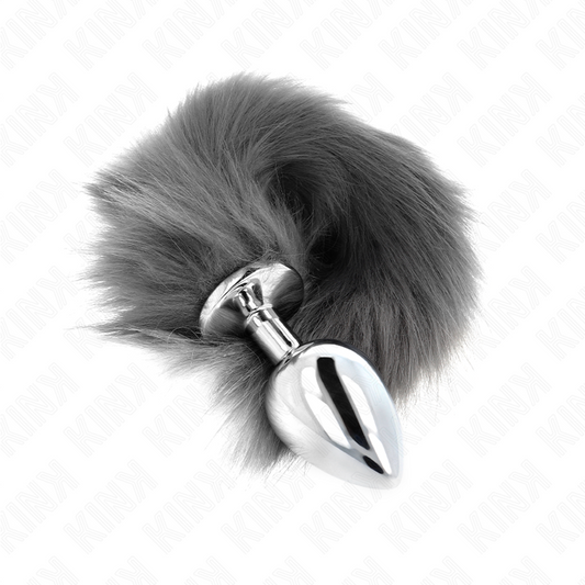 KINK - PLUG ANAL TAMANHO L 10 X 4 CM COM RABO SINTÉTICO 40 CM CINZA E BRANCO