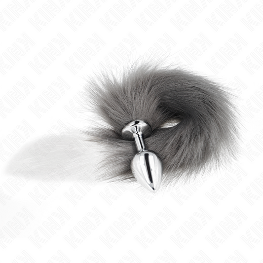 KINK - PLUG ANAL TAMANHO M 8 X 3,5 CM COM RABO SINTÉTICO 40 CM CINZA E BRANCO