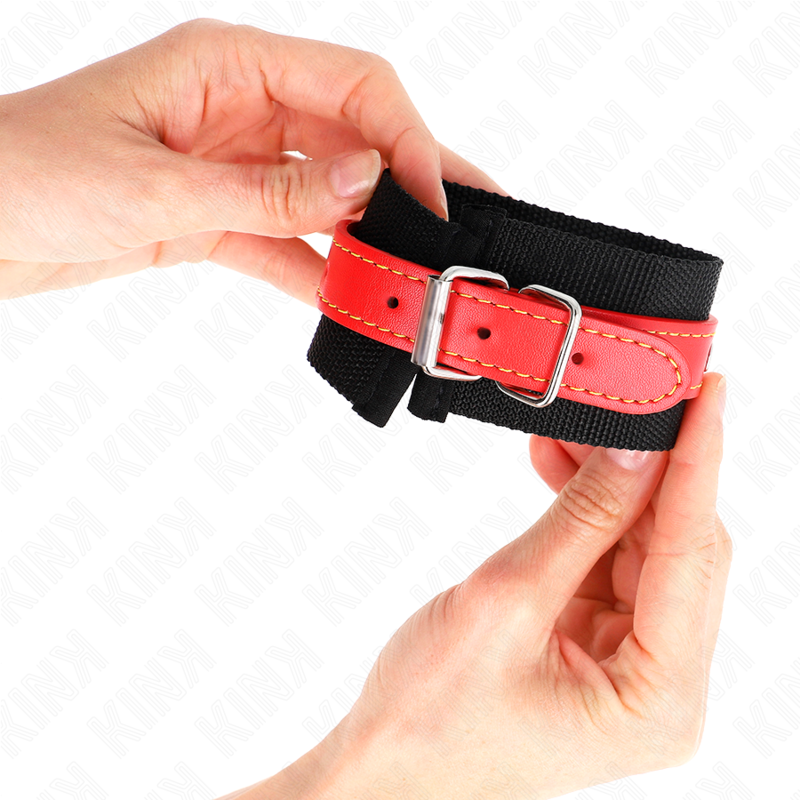 KINK - DESCANSO DE PULSO DE NYLON PRETO COM COURO VERMELHO AJUSTÁVEL 19-24 CM X 5,5 CM