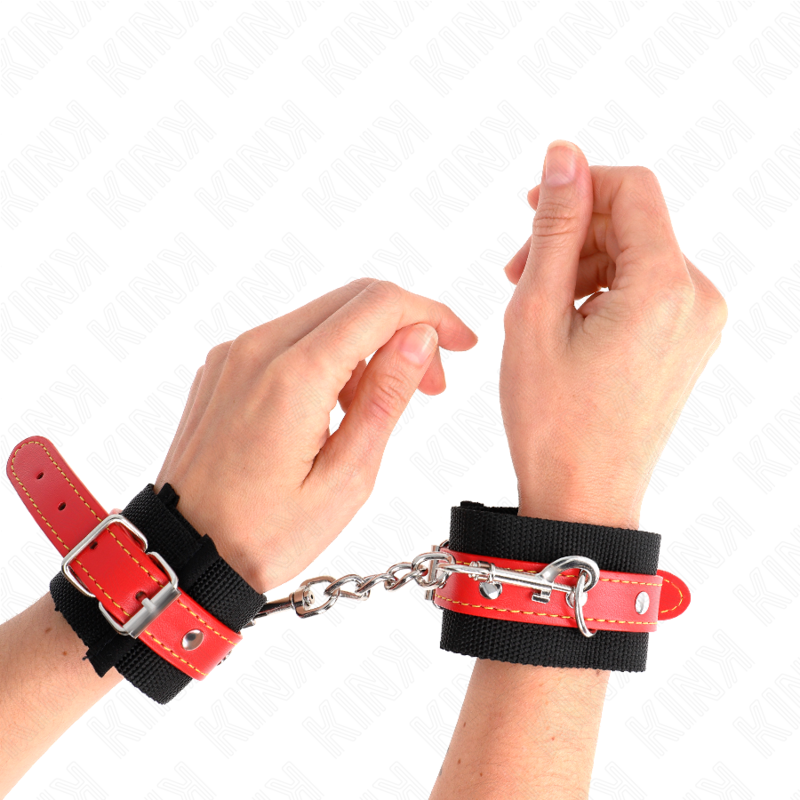 KINK - DESCANSO DE PULSO DE NYLON PRETO COM COURO VERMELHO AJUSTÁVEL 19-24 CM X 5,5 CM