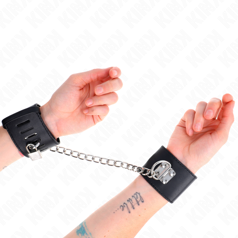 KINK - RESTRIÇÕES DE PUNHO FIXAS COM CORRENTE DE 30 CM E FECHO DE CADEADO PRETO AJUSTÁVEL 16-23 CM X 5,5 CM
