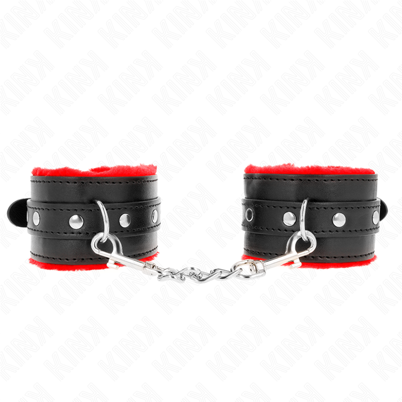 KINK - PREMIUM RED FUR LINED WRIST RESTRAINTS WITH ADJUSTABLE BLACK BELT 17-29 CM X 6 CM