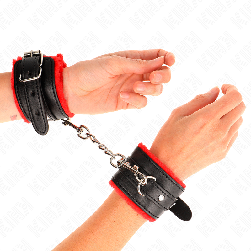 KINK - PREMIUM RED FUR LINED WRIST RESTRAINTS WITH ADJUSTABLE BLACK BELT 17-29 CM X 6 CM