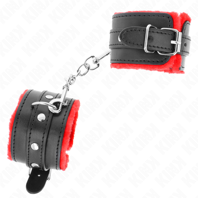 KINK - PREMIUM RED FUR LINED WRIST RESTRAINTS WITH ADJUSTABLE BLACK BELT 17-29 CM X 6 CM
