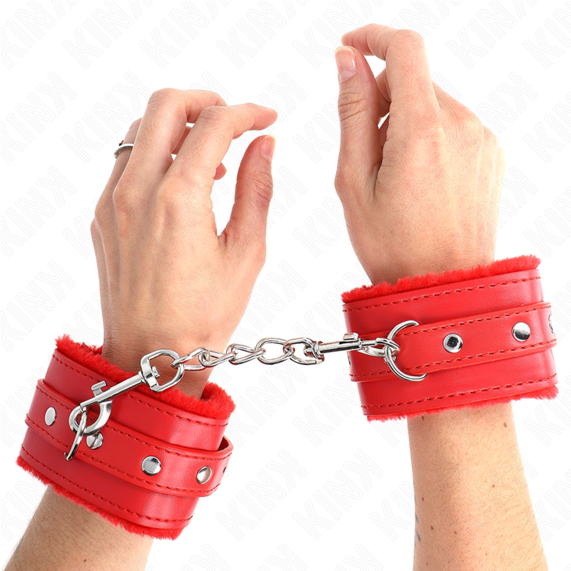 KINK - PREMIUM RED FUR LINED WRIST RESTRAINTS WITH ADJUSTABLE RED BELT 17-29 CM X 6 CM