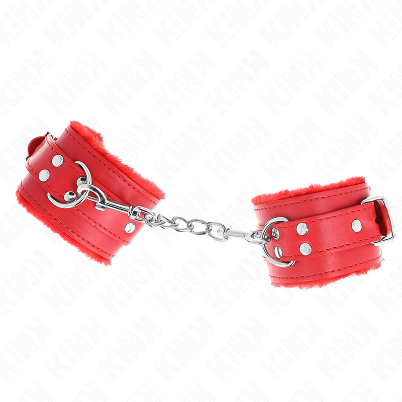 KINK - RED FUR LINED WRIST RESTRAINTS WITH ADJUSTABLE RED BELT 17-29 CM X 6 CM