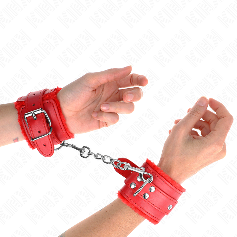 KINK - RED FUR LINED WRIST RESTRAINTS WITH ADJUSTABLE RED BELT 17-29 CM X 6 CM