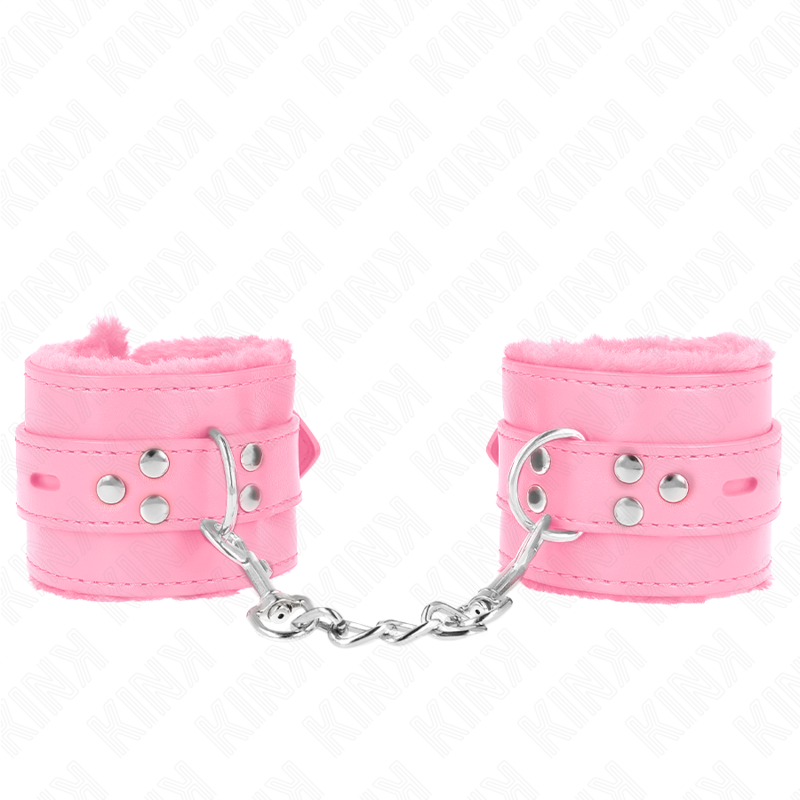 KINK - FUR LINED WRIST RESTRAINTS WITH PINK SQUARE HOLES AND ADJUSTABLE PINK BELT 17-29 CM X 6 CM