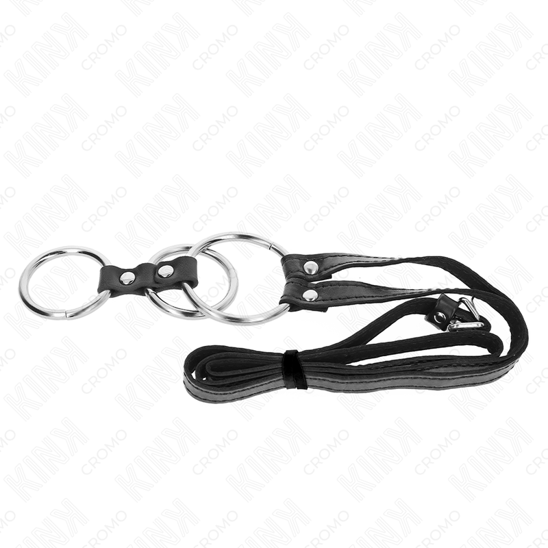 KINK - 3.8CM TO 5CM TRIPLE METAL COCK RING WITH 112CM LEATHER BELT
