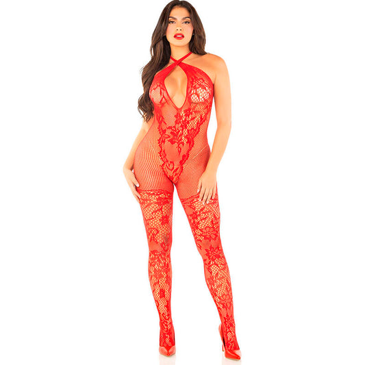 LEG AVENUE - BODYSTOCKING DE MALHA COM ESTAMPA FLORAL VERMELHA TAMANHO ÚNICO