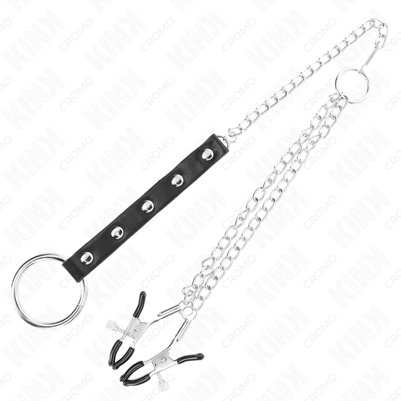 KINK - ANEL DE METAL PARA PÉNIS COM CORRENTE E PINÇAS DE MAMILO AJUSTÁVEIS