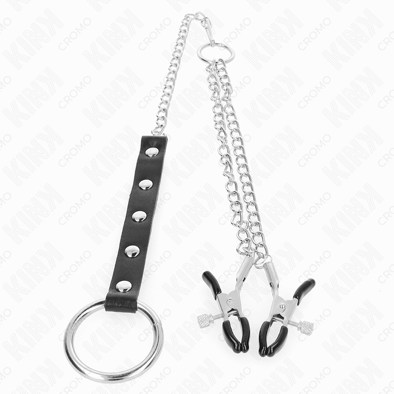 KINK - ANEL DE METAL PARA PÉNIS COM CORRENTE E PINÇAS DE MAMILO AJUSTÁVEIS