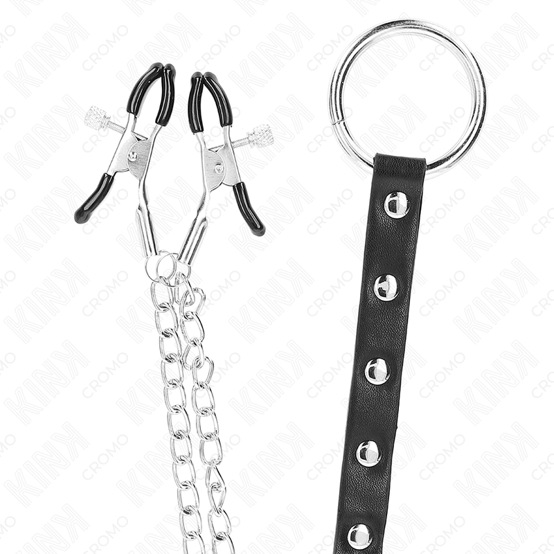 KINK - ANEL DE METAL PARA PÉNIS COM CORRENTE E PINÇAS DE MAMILO AJUSTÁVEIS