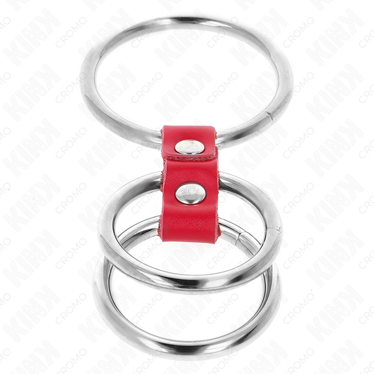 KINK - ANEL PÊNICO TRIPLO DE METAL DE 3,7CM A 5CM CONECTADO COM COURO VERMELHO
