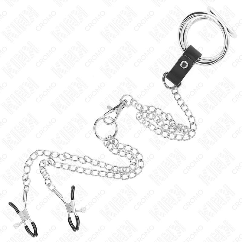 KINK - TRIPLE CHROME METAL COCK RING 3CM TO 4.5CM WITH 26CM METAL CHAIN AND NIPPLE CLAMPS