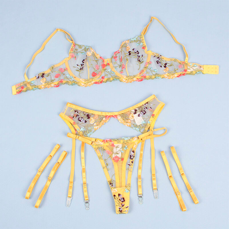 SUBBLIME - 954345 SUTIÃ + TANGA + LIGA AMARELO PADRÃO FLORAL P/M