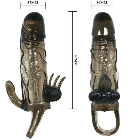 BAILE - BRAVE MAN CAPA PARA PÊNIS COM CLITÓRISMO E ESTIMULAÇÃO ANAL BALA DUPLA PRETA 16,5 CM