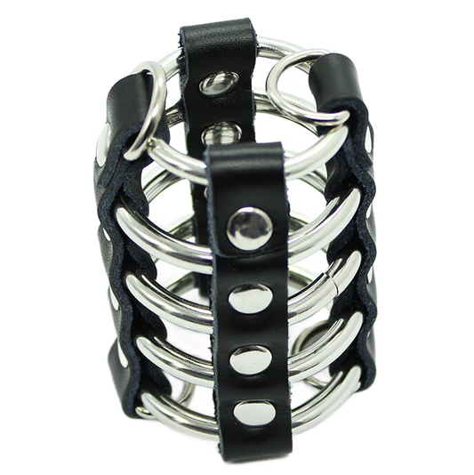 OHMAMA FETISH - COCK CAGE WITH METAL RINGS AND LEATHER STRAP