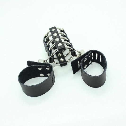 OHMAMA FETISH - COCK CAGE WITH METAL RINGS AND LEATHER STRAP