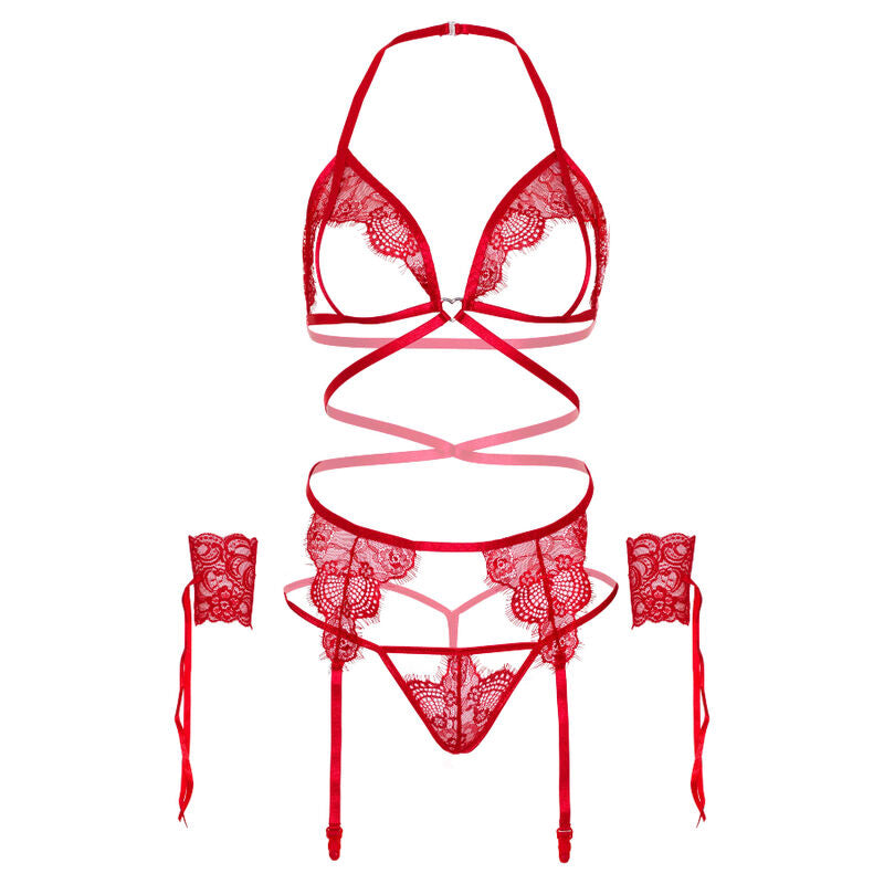 LEG AVENUE SET CUATRO PIEZAS SUJETADOR, LIGUERO, TANGA Y PUÑOS TALLA UNICA - NEGRO