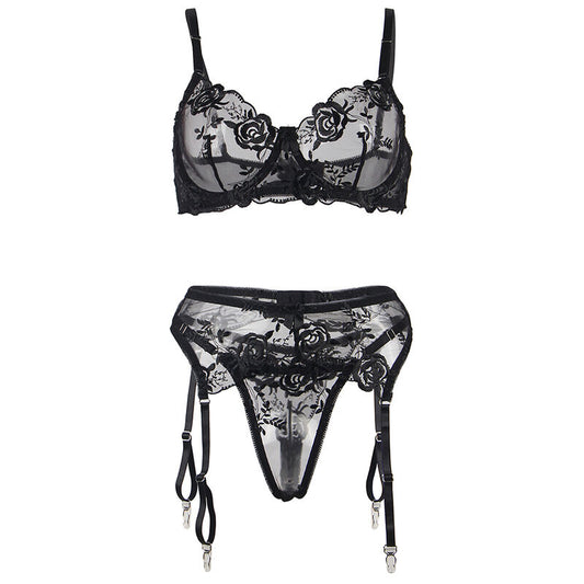 SUBBLIME - SET OF 3 PIEZAS SUJETADOR + TANGA + LIGA ESTAMPADO FLORAL NEGRO S/M