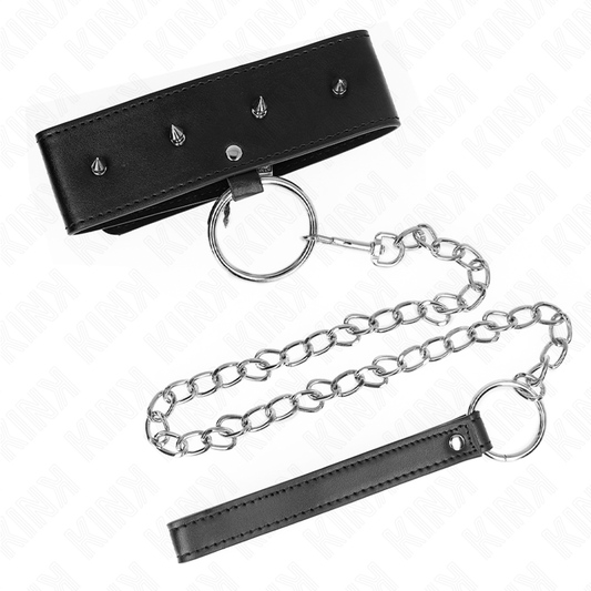 KINK - 65 CM COLLAR WITH LEASH WITH SILVER STUDS MODEL 2 ADJUSTABLE 36-43 CM X 5 CM