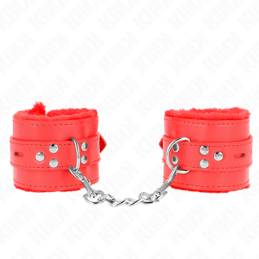 KINK - FUR LINED WRIST RESTRAINTS WITH RED SQUARE HOLES AND ADJUSTABLE RED BELT 17-29 CM X 6 CM