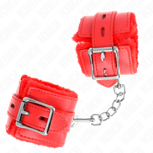 KINK - FUR LINED WRIST RESTRAINTS WITH RED SQUARE HOLES AND ADJUSTABLE RED BELT 17-29 CM X 6 CM