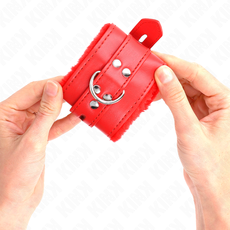 KINK - RESTRIÇÕES DE PULSO FORRADAS DE PELE COM FUROS QUADRADOS VERMELHOS E CINTO VERMELHO AJUSTÁVEL 17-29 CM X 6 CM
