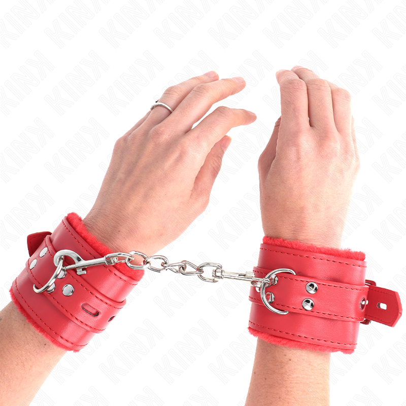KINK - RESTRIÇÕES DE PULSO FORRADAS DE PELE COM FUROS QUADRADOS VERMELHOS E CINTO VERMELHO AJUSTÁVEL 17-29 CM X 6 CM