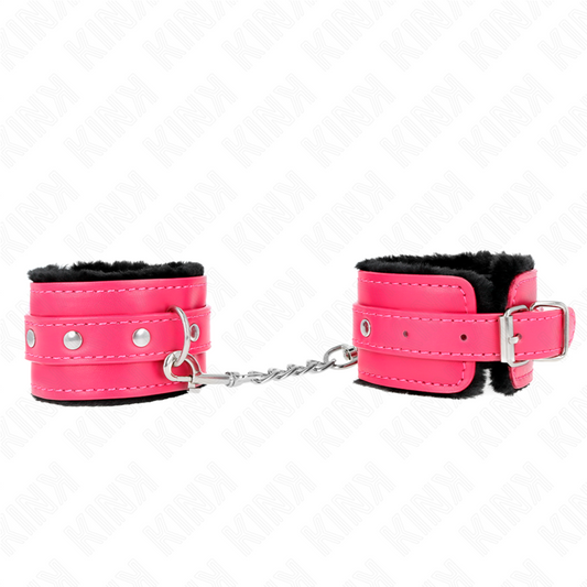 KINK - PREMIUM BLACK FUR LINED WRIST RESTS WITH ADJUSTABLE RASPBERRY PINK BELT 17-29 CM X 6 CM