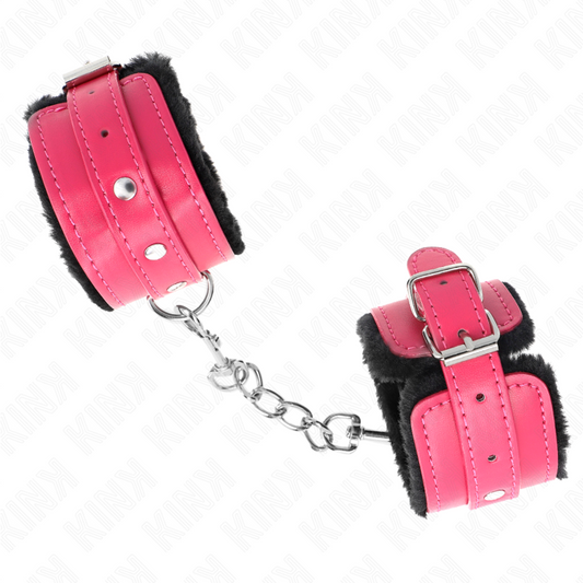 KINK - PREMIUM BLACK FUR LINED WRIST RESTS WITH ADJUSTABLE RASPBERRY PINK BELT 17-29 CM X 6 CM