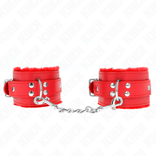 KINK - RED FUR LINED WRIST RESTRAINTS WITH ADJUSTABLE RED BELT 17-29 CM X 6 CM