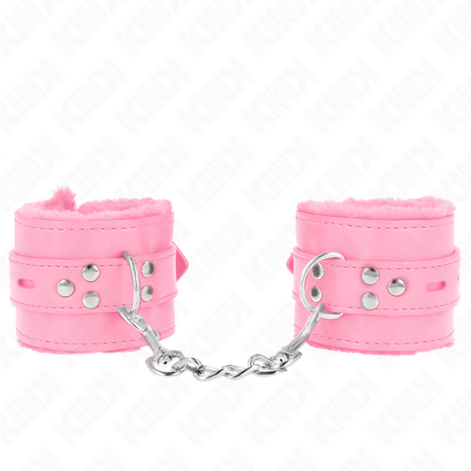 KINK - FUR LINED WRIST RESTRAINTS WITH PINK SQUARE HOLES AND ADJUSTABLE PINK BELT 17-29 CM X 6 CM
