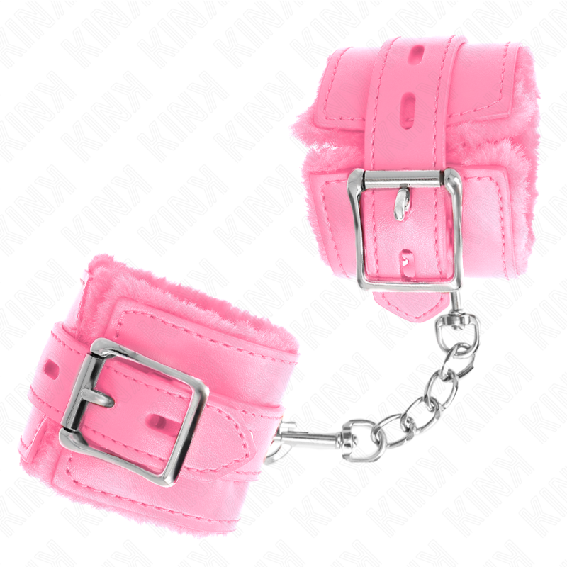 KINK - FUR LINED WRIST RESTRAINTS WITH PINK SQUARE HOLES AND ADJUSTABLE PINK BELT 17-29 CM X 6 CM