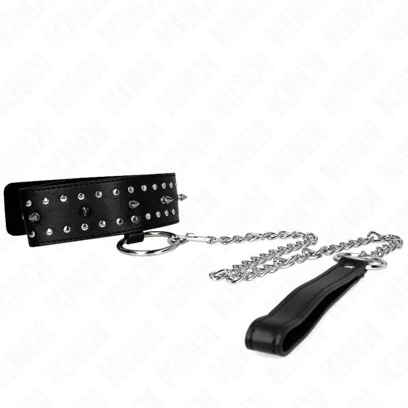 KINK - COLLAR WITH LEASH 65 CM WITH SILVER STUDS MODEL 1 ADJUSTABLE 36-43 CM X 5 CM