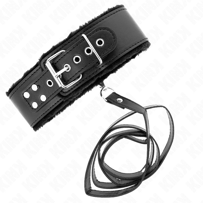 KINK - COLLAR WITH LEASH 116 CM WITH SILVER STUDS MODEL 4 BLACK ADJUSTABLE 40-48 CM X 6 CM