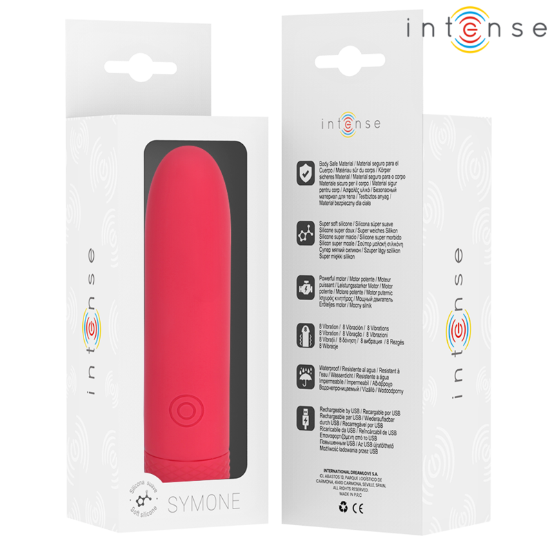 INTENSO - SYMONE USB RECARREGÁVEL VIBRANTE BULLET 8 VIBRAÇÕES VERMELHO 10 X 2,2 CM