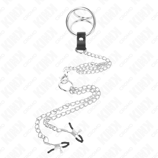 KINK - 1.5" TO 2" TRIPLE CHROME METAL COCK RING WITH 10.25" METAL CHAIN ​​AND NIPPLE CLAMPS MODEL 1