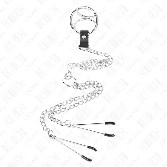 KINK - 1.5" TO 2" TRIPLE CHROME METAL COCK RING WITH 10.25" METAL CHAIN ​​AND NIPPLE CLAMPS MODEL 2