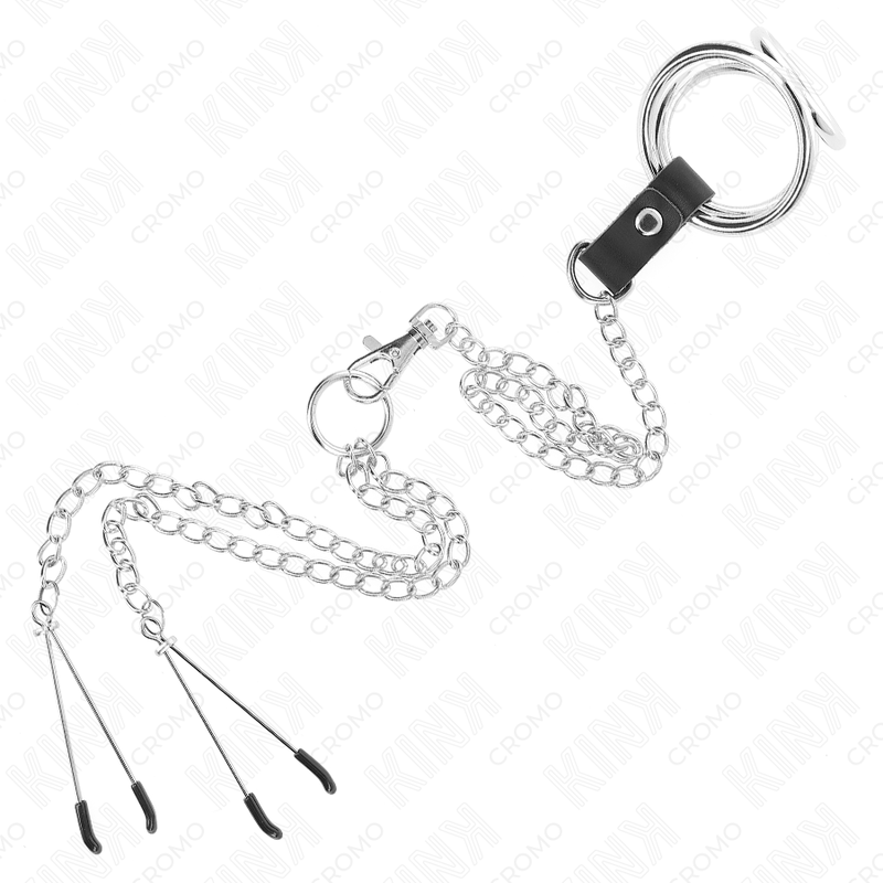 KINK - 1.5" TO 2" TRIPLE CHROME METAL COCK RING WITH 10.25" METAL CHAIN ​​AND NIPPLE CLAMPS MODEL 2