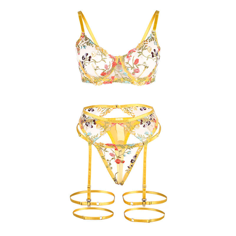 SUBBLIME - 954345 SUTIÃ + TANGA + LIGA AMARELO PADRÃO FLORAL P/M