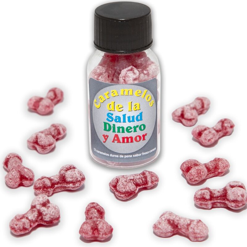 DIABLO PICANTE - 12 HEALTH-MONEY-LOVE PENIS-SHAPED STRAWBERRY/CHERRY CANDIES