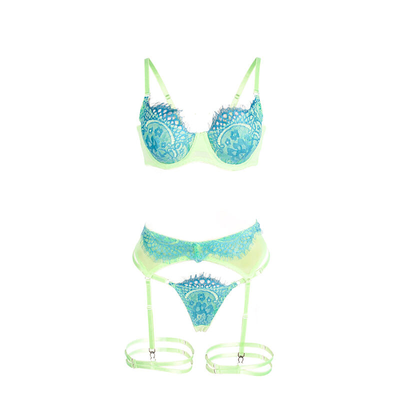 SUBBLIME - 955311 BRA SET WITH LACE LINES AND GARTER GREEN AND BLUE S/M