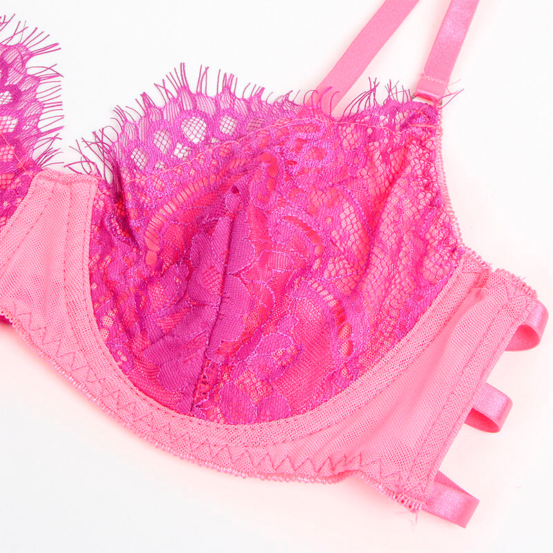 SUBBLIME - 955359 BRA SET WITH LACE AND GARTER TIES PINK AND PURPLE S/M