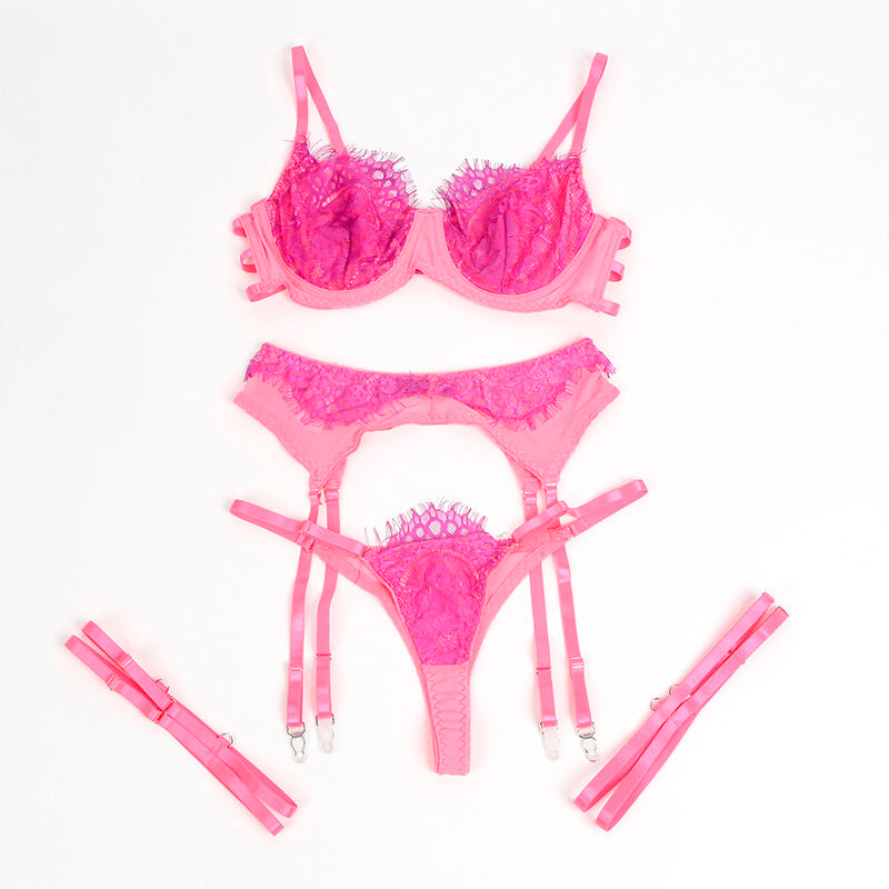 SUBBLIME - 955366 BRA SET WITH LACE LINES AND GARTERS PINK AND PURPLE L/XL